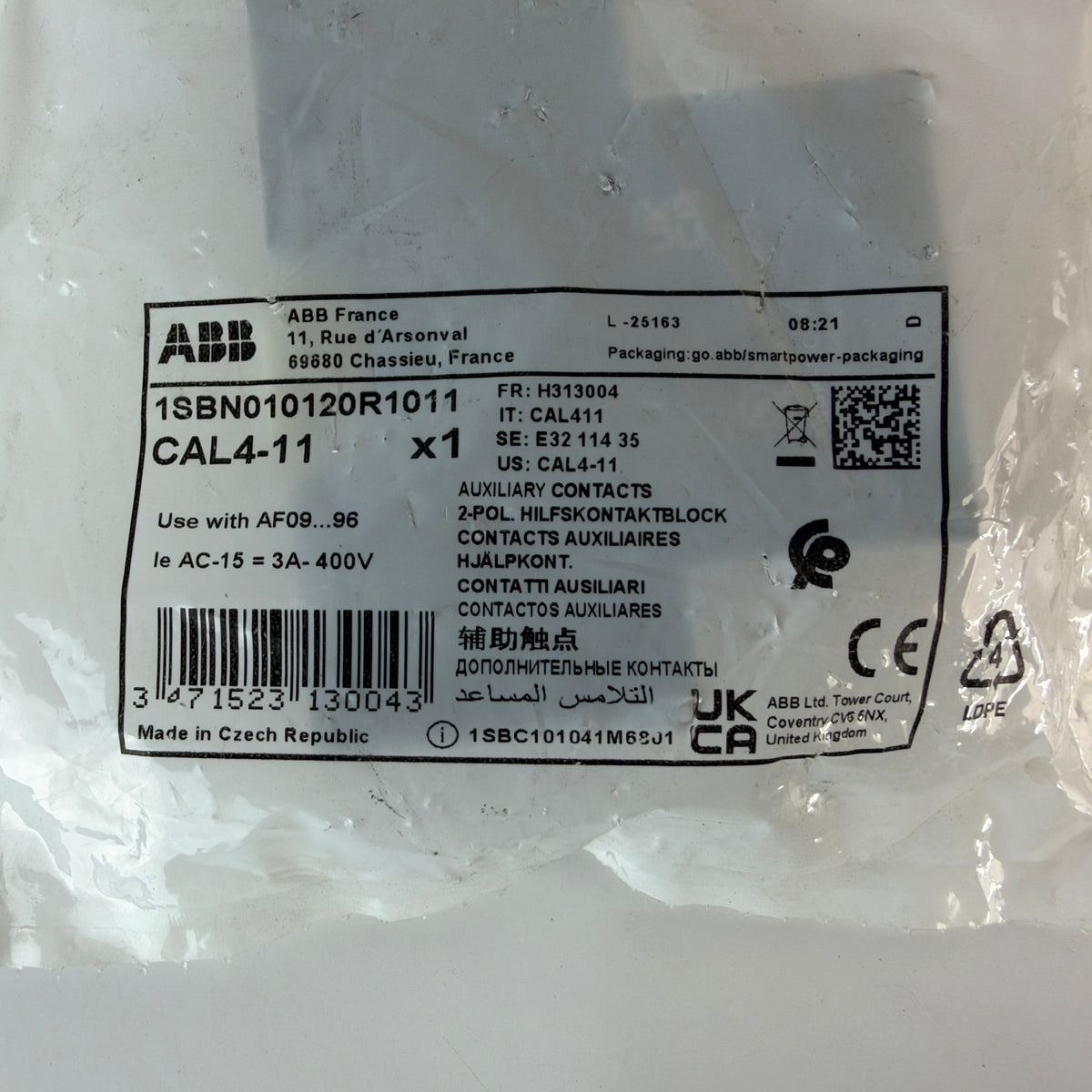 ABB CAL4-11 1SBN010120R1011 2-Pole Auxiliary Contact Block 1NO 1NC