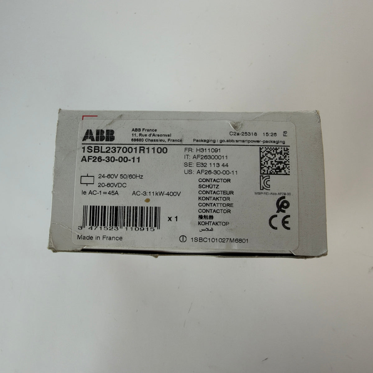 ABB AF26-30-00-11 1SBL237001R1100 3-Pole Contactor 26A 11kW 24-60V AC/DC