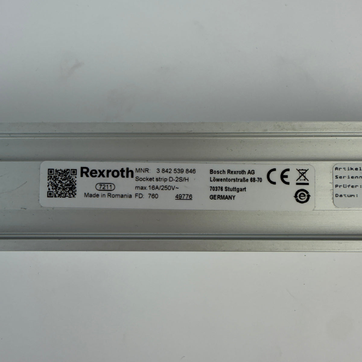 Bosch Rexroth 3842539846 Socket Strip D-2S/H 2-Outlet 16A 250V with Switch & Cable