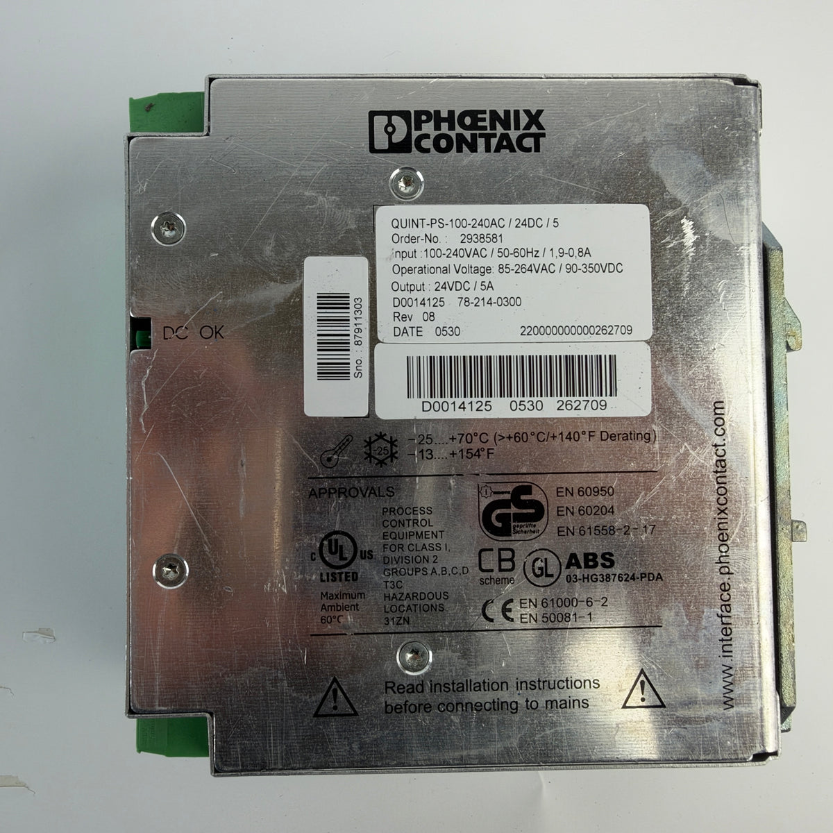 Phoenix Contact QUINT-PS-100-240AC/24DC/5 2938581 DIN Rail Power Supply 24V DC 5A 120W