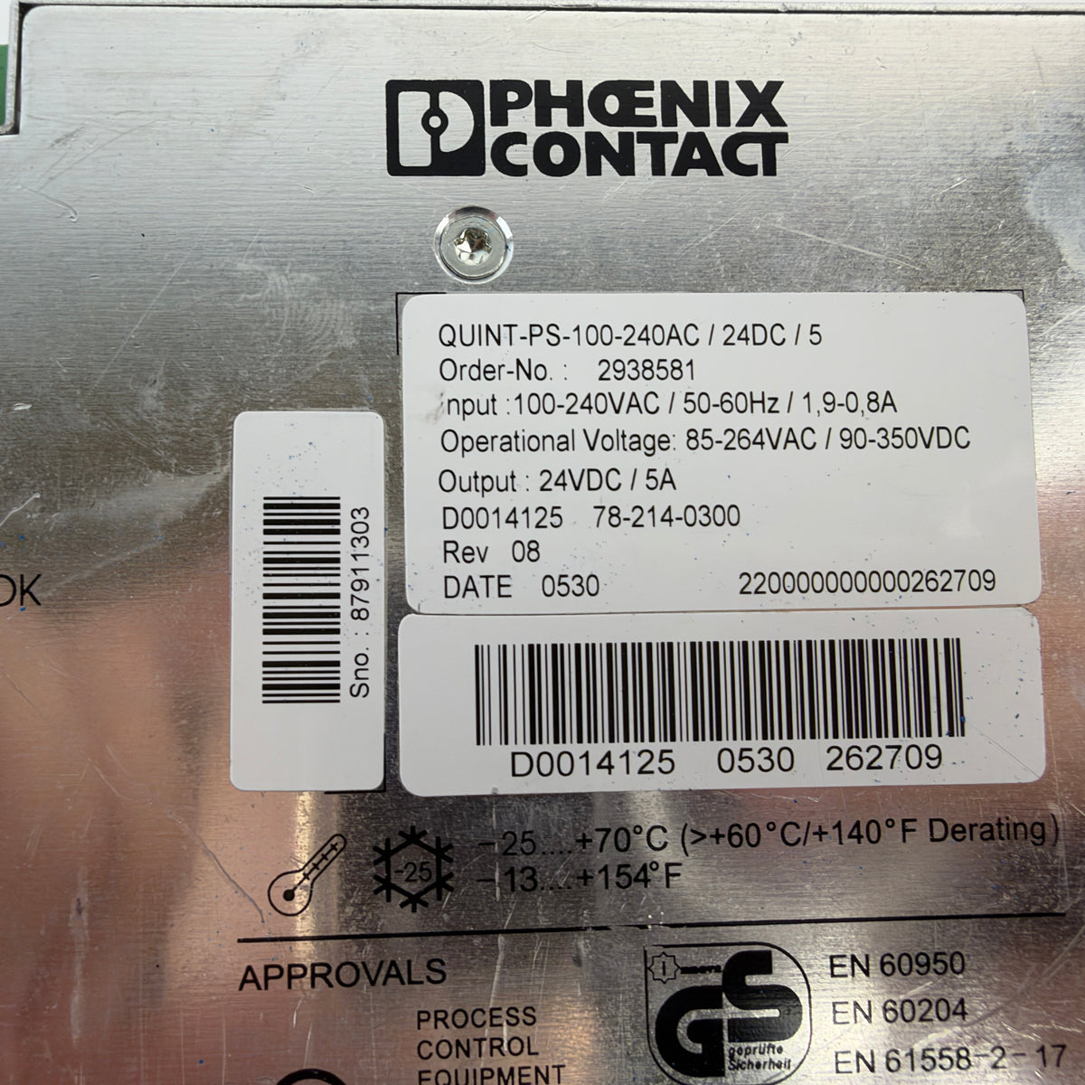 Phoenix Contact QUINT-PS-100-240AC/24DC/5 2938581 DIN Rail Power Supply 24V DC 5A 120W