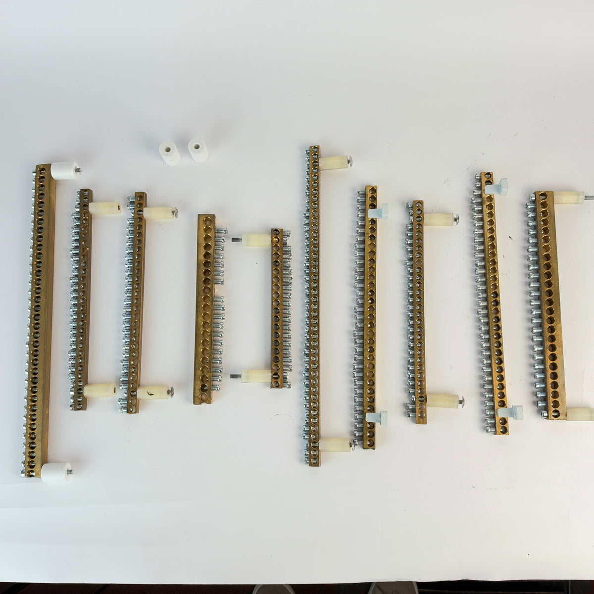 Lot of 10 Brass Grounding / Terminal Bus Bars with Screw Connections – Assorted Sizes