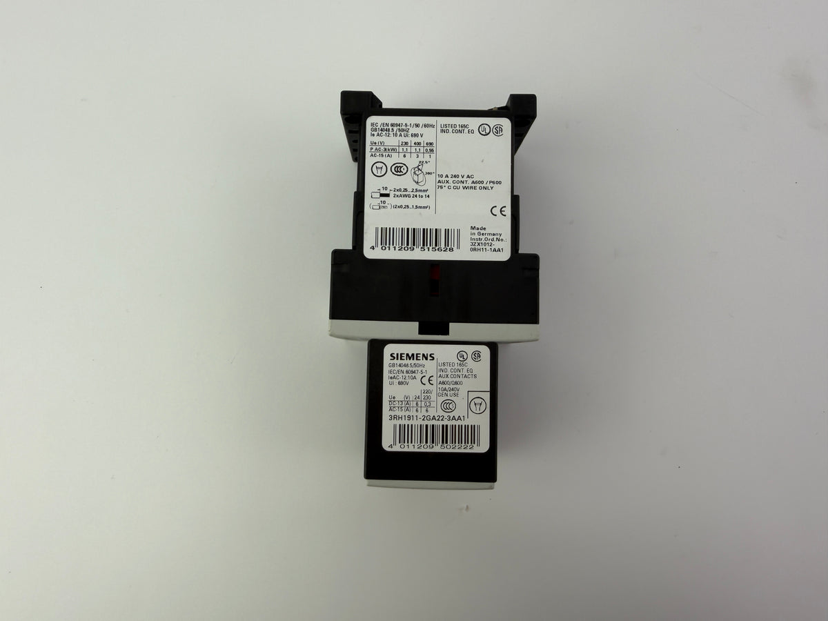 1x Siemens 3ZX1012-0RH11-1AA1 Contactor with 3RH1911-2GA22-3AA1 Auxiliary Relay