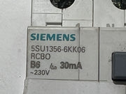 1x Siemens 5SU1356-6KK06 RCBO B6 30mA 230V 6kA Circuit Breaker