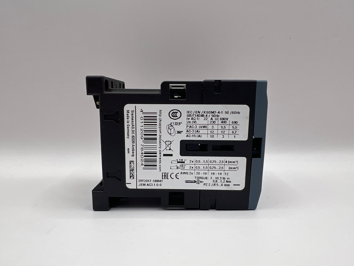 1x Siemens SIRIUS 3RT2017-1BB41 Contactor 24V AC Coil 3-Pole 9A