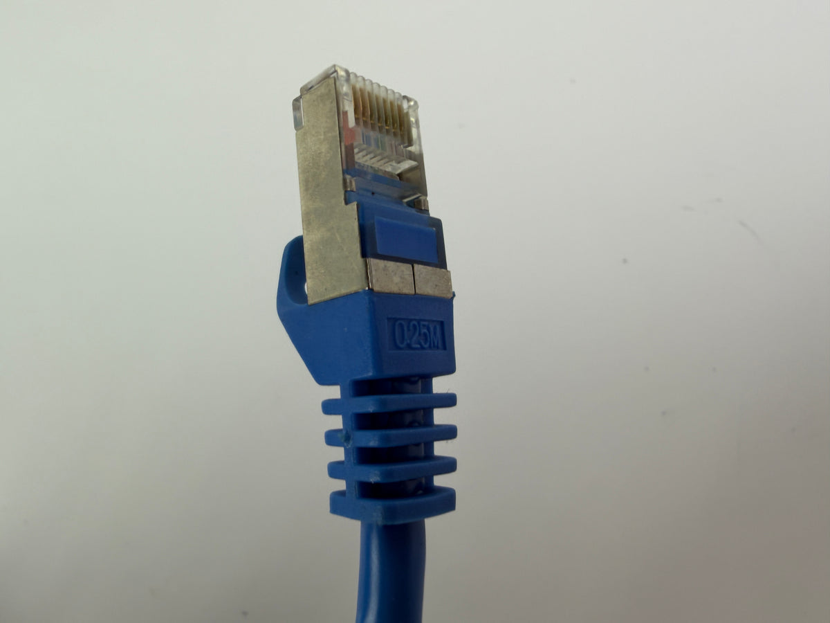 1x Inline CAT5e SFTP Ethernet Patch Cable 0.25m RJ45 Shielded 26AWG Blue 300MHz