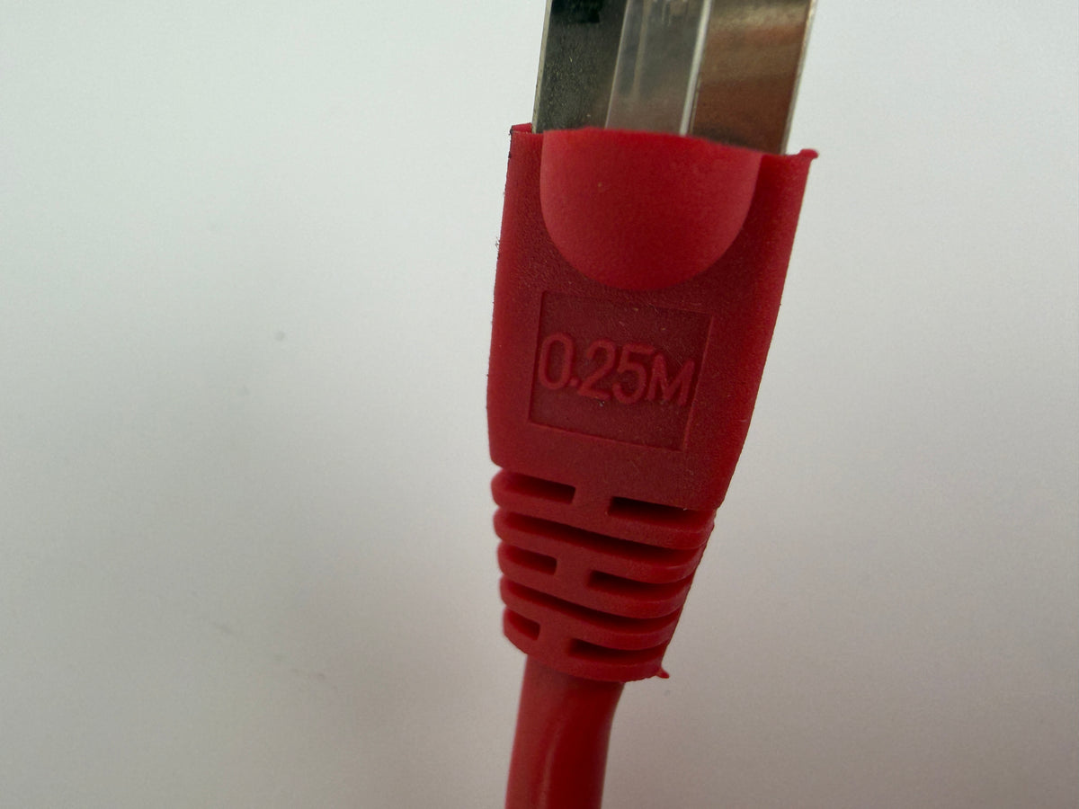 1x Inline CAT5e SFTP Ethernet Patch Cable 0.25m RJ45 Shielded 26AWG Red 300MHz