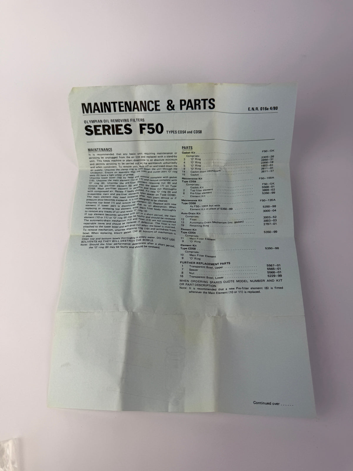 Olympian F50 Oil Removing Filter Elements CDS4 CDS8 Series F50
