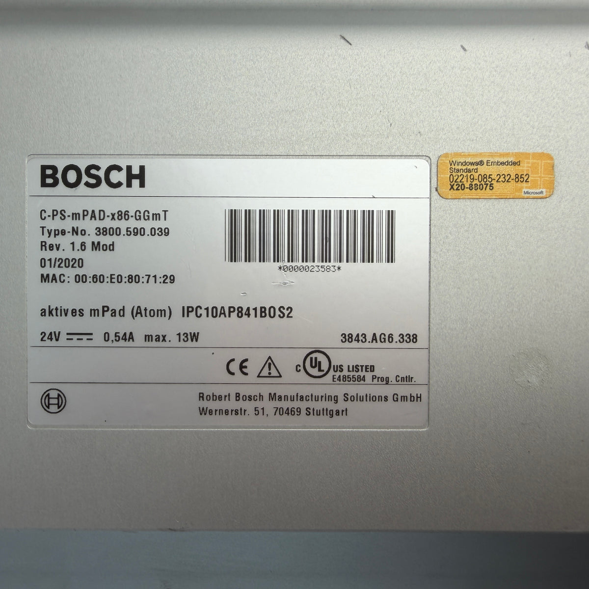 Bosch mPad C-PS-mPAD-x86-GGmT 3800.590.039 HMI Touch Panel w/ Mount Rev.1.6